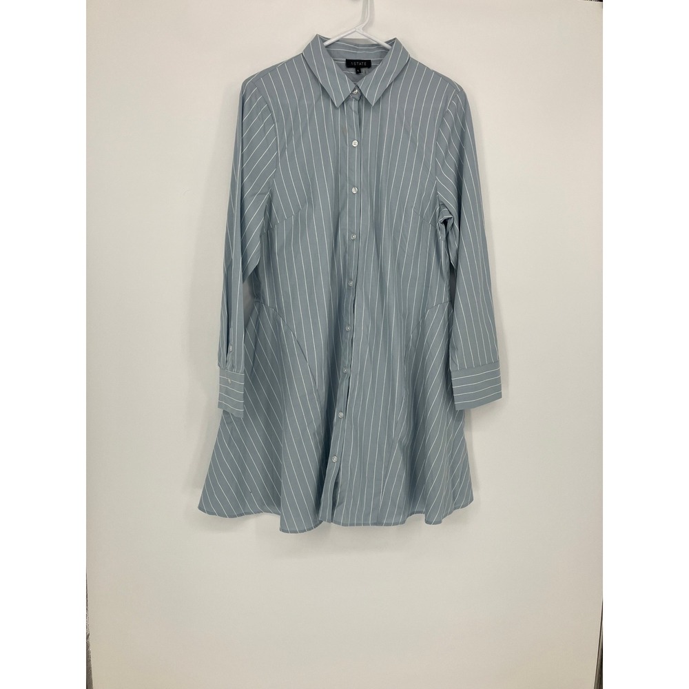 1.STATE Women Blue White Striped Long Sleeve Button Down Flared Shirt Dress L